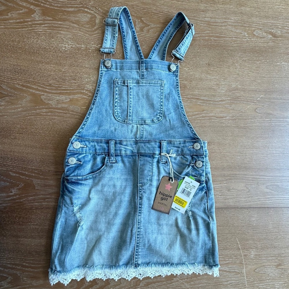 Hippie Girl Kids Denim Overall Dress Lace Trim Light Wash Size 10 NWT
